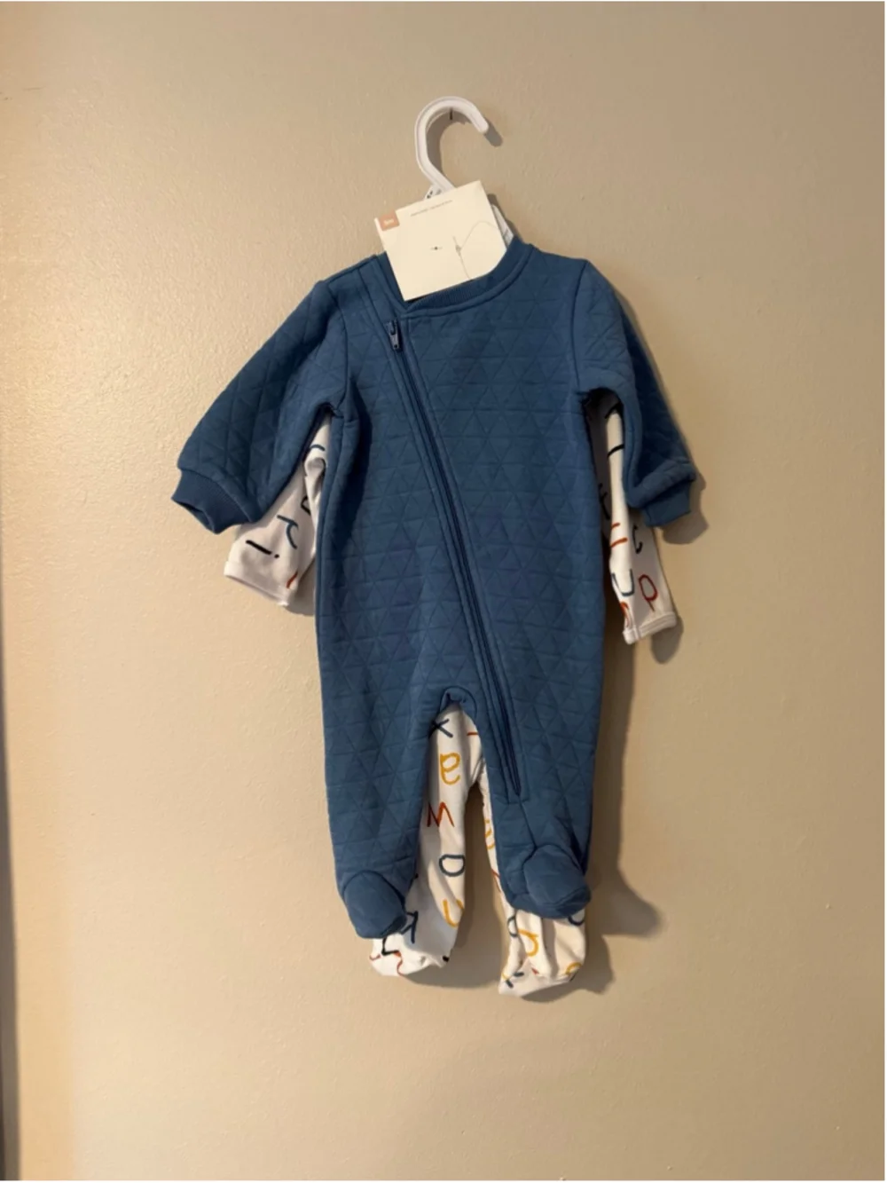 pl-baby 3m alphabet print footie pajamas and blue long sleeve onesie